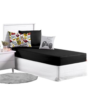 Imagem de Jogo Lençol Roupa Cama Infantil Fronha Elastico Solteiro 4 Pçs Quarto Criança Menino Macio Game Preto Basico