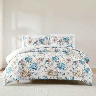 Imagem de Lush Decor Conjunto de 3 peças de capa de edredom de algodão Bird and Hydrangea King Teal & Neutral - edredom floral - conjunto de cama de pássaro - decoração vintage coquete