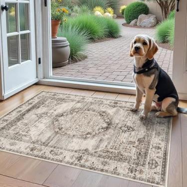 Imagem de Tapetes de área laváveis 2x3 Entrada: Tapete macio ultra fino de pelo baixo lavável à máquina, tapete de entrada leve, tapete antiderrapante para sala de estar, quarto, cozinha, 6 x 8 cm, bege