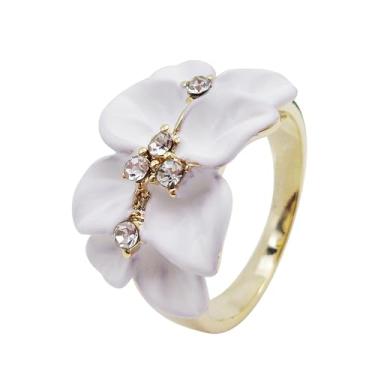 Imagem de Navachi Anel de flor de folhas de esmalte de cristal transparente banhado a ouro 18 k, 8, Zinco Zinco Esmalte, Cristal