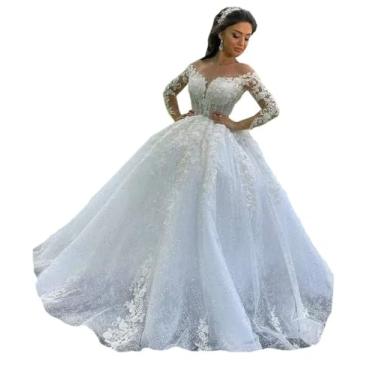 Imagem de JuneJosephine Vestido de baile feminino de renda princesa com lantejoulas com cauda vestido de noiva manga longa plus size marfim, Branco, 3