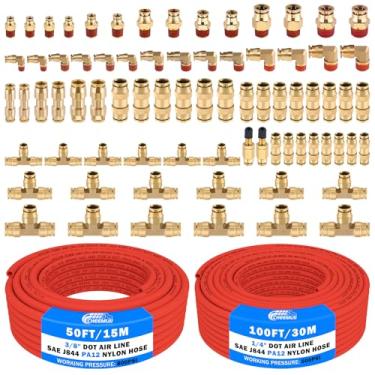 Imagem de CheeMuii 76 peças de latão DOT Air Line acessórios com 100FT 1/10.2 cm e 50FT 3/20.3 cm Red DOT Air Lines Kit Push Lock Air Line Conexões de conexão rápida com conjunto de tubulação pneumática