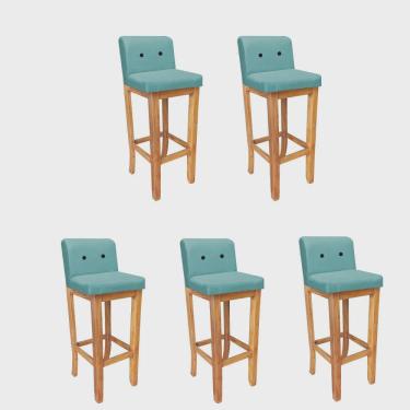 Imagem de Kit 05 Banqueta Alta Com Encosto Aila Balcão Bistrô Base Madeira Maciça Suede Azul Turquesa Botão Preto - Ahz Móveis
