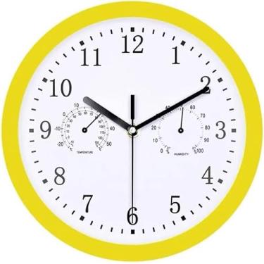 Imagem de Relógio de parede do jardim ao ar livre, relógio de jardim mudo grande de 10 polegadas com termômetro e higrômetro Relógio ao ar livre externo interno, relógio ao ar livre, amarelo