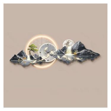 Imagem de Pintura decorativa com relógio Grande decoração de arandela de parede com relógio e controle remoto, arandela de parede com paisagem moderna 3D para sala de estar, escultura de arte suspensa para quar