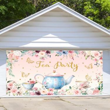 Imagem de Capa de porta de garagem floral rosa com glitter pontos dourados borboleta chá da tarde primavera meninas país das maravilhas festa à tarde capa de banner
