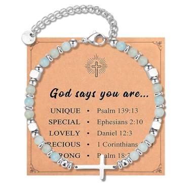 Imagem de Beljeley Pulseira de cruz da amizade cristã para mulheres, corrente de elos com contas - Presente inspirador perfeito para filha, sobrinha, irmã e amiga, One Size, Aço inoxidável, Sem Pedra Preciosa