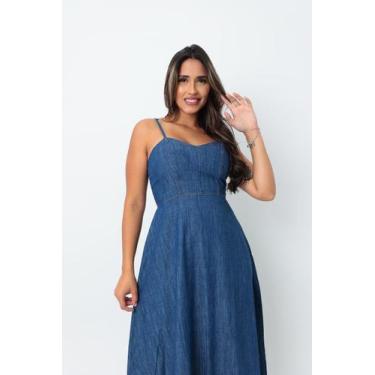 Imagem de Vestido Jeans Feminino Longo Alça Regulável Algodão Luxo - Propria, G