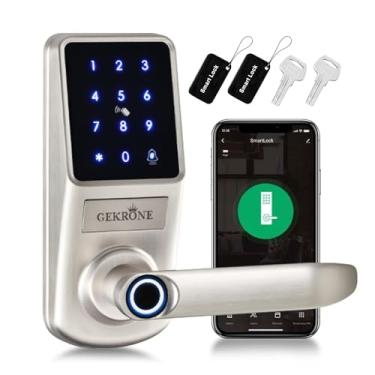 Imagem de GEKRONE Trava inteligente de impressão digital com alavanca, teclado sensível ao toque e maçaneta da porta da frente de entrada sem chave, conjunto de fechadura digital biométrica eletrônica de