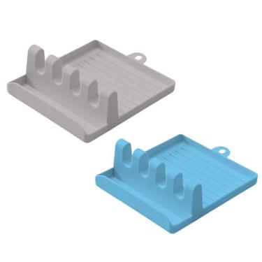 Imagem de Kit 2 Suporte Descanso de Talher Tampas de Panela Colher Concha Espátula Organizador de Utensílios Versátil (2, 1 CINZA + 1 AZUL)