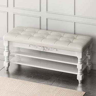 Imagem de Sapateira de grande capacidade para hall de entrada, quarto, banco de entrada de madeira maciça, ③-Banco de armazenamento tufado vintage com assento de couro - branco 60 x 30 x 48 cm (24 x 12 x 19