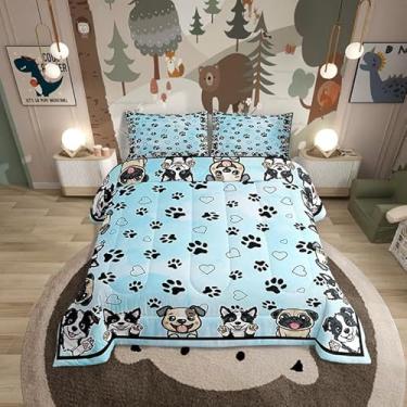 Imagem de Manfei Conjunto de edredom fofo de pata de cachorro, tamanho casal, 3 peças, pegada de cachorro kawaii, corações de amor, conjunto de colcha azul para quarto de adolescentes, 2 fronhas