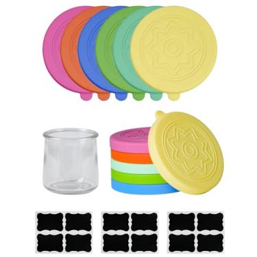 Imagem de TERESRY Pacote com 12 tampas de silicone para iogurte Oui com 12 etiquetas, tampas de grau alimentício para potes de iogurte Oui de 142 g, capas de conserva de silicone reutilizáveis perfeitas para