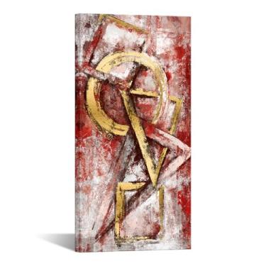 Imagem de KREATIVE ARTS Arte de parede grande em tela abstrata vermelha e dourada 50 x 101 cm impressão giclée geométrica moderna para sala de estar, escritório, quarto, borgonha, arte vertical para decoração