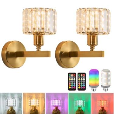 Imagem de BCGMYLN Arandelas de parede operadas por bateria, conjunto de dois, arandelas de parede recarregáveis sem fio com 10.000 mAh RGB, arandela de parede de cristal com controle remoto para quarto