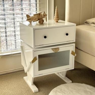 Imagem de RoyalCraft Mesa de canto com tiras de luz LED, mesa de cabeceira moderna com gaveta giratória de 360°, mesa de canto criativa com armazenamento, armário de mesa de cabeceira de madeira para sala de