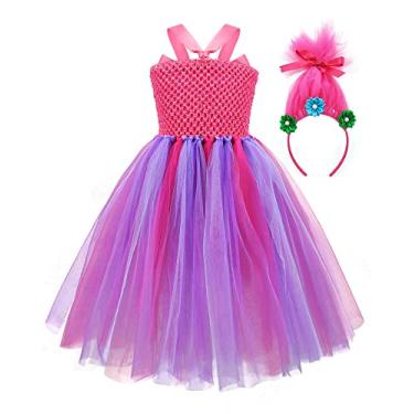 Imagem de Trolls Fantasias para meninas, princesas, papoulas, cosplay, aniversário, Dia das Bruxas, vestidos de tutu para bebês chiques com faixa de cabeça, vermelho rosa