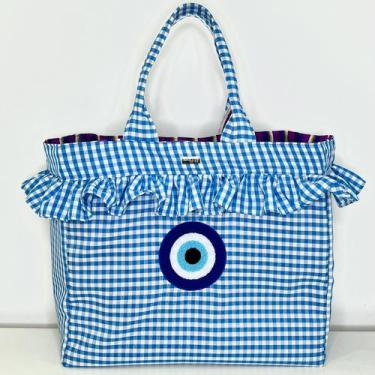 Imagem de Bolsa Vichy Olho Grego Bordado - Forro Cadeira de Praia - Amelie TonTo