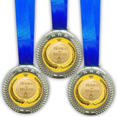 Imagem de Kit 100 Medalhas Honra ao Mérito, 60mm, Dourado Brilhante com Fita Azu