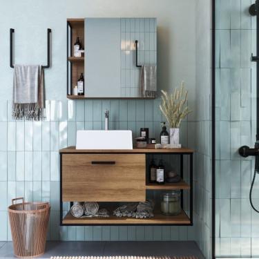 Imagem de Conjunto De Gabinete Para Banheiro Suspenso 80cm Com Cuba E Espelheira Preto/mel