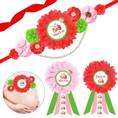 Imagem de JOYMEMO Kit De Faixa Para Maternidade Com Tema Chá Bebê Morango - Cinto Barriga Flores E Broches Corsage Futuras Mamães Papais, Artigos Festa Pais Meninas