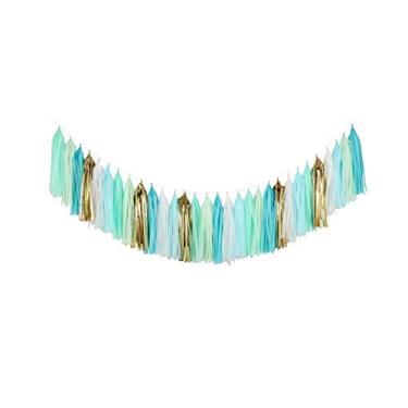 Imagem de Fonder Mols Guirlanda De Borlas Papel Seda (Pacote Com 30, Branco Menta, Água-Marinha, Dourado) Decoração Rústica Para Festa Aniversário, Casamento, Sereia, Pendurar, A26