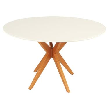 Imagem de Mesa de Jantar Redonda Laqueada Tampo com Vidro Temperado Base Estrela em Madeira Maciça Mel (90 CM)