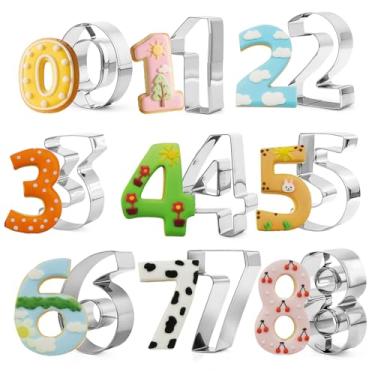 Imagem de KUKIFUN Conjunto de 9 cortadores de biscoito, 0 ~ 9 moldes de biscoito de aço inoxidável em forma de números para festa de aniversário, assar caseiros, velas de massa, decoração de bolos faça você