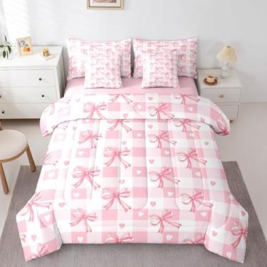 Imagem de jejeloiu Conjunto de edredom com laço para meninas, solteiro, 7 peças, princesa sonhadora, com laço, estampa kawaii, amor, coração, cama em uma bolsa, rosa e branco, xadrez, listras geométricas