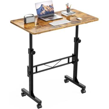 Imagem de HOMIDEC Mesa de pé, mesa pequena portátil de 81 cm, altura ajustável, mesas de escritório em casa com rodas, mesa de apoio para quarto, tapete de caminhada, escritório em casa, espaço pequeno, rústico