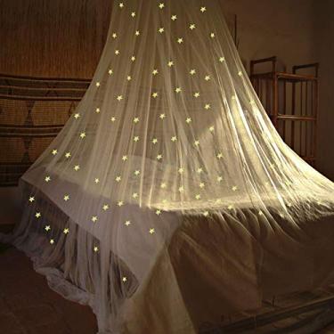 Imagem de Dossel de cama de tela com estrelas fluorescentes que brilham no escuro, cúpula de cama, dossel de fácil instalação, mosquiteiro para cama de solteiro a King Size (branco)