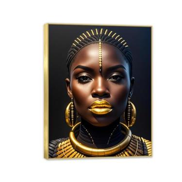 Imagem de Blackgold Arte de parede emoldurada para mulher afro-americana, pintura de menina negra, pôster abstrato para sala de estar, quarto, decoração de casa, 65 x 50 cm (26 x 19 pol), moldura dourada