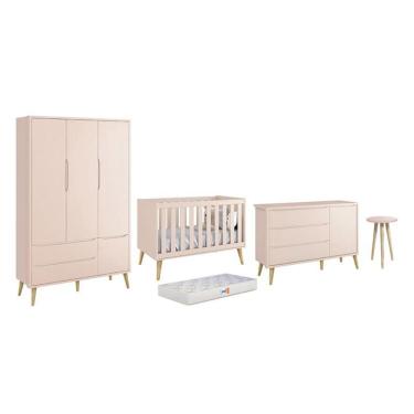 Imagem de Dormitório Theo 3 Portas, Mesa de Canto com Pés Madeira Natural e Colchão D18 - Reller...