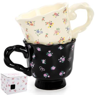 Imagem de Hiceeden Conjunto de 2 canecas de café de cerâmica fofas, canecas florais funky de 400 ml com base elegante, xícara de café de porcelana vintage com padrão de flores para chá, leite, cacau, presente