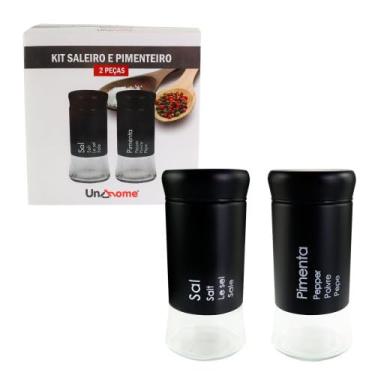 Imagem de Kit Saleiro e Pimenteiro em Aço Inox e Vidro, 11 cm x 5 cm, 95 ml, Preto, 2 Peças