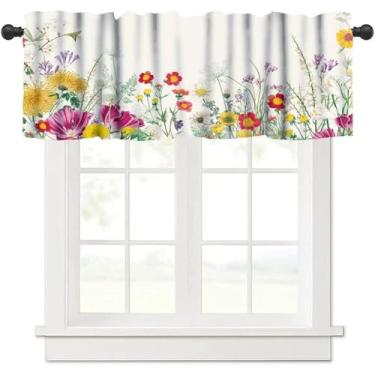 Imagem de Cortinas de cozinha florais, flores silvestres, primavera, aquarela, plantas, campo, varão, bolso, janela curta, tratamento para meninas, quarto, banheiro, sala de estar, cozinha, 137 x 45 cm