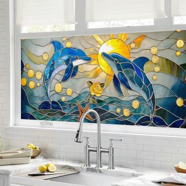 Imagem de BVBOX Película de privacidade para janela 44,5 cm x 99,8 cm, adesivo de filme de vitral com bloqueio de sol de golfinho e nascer do sol, adesivo de vidro decorativo não adesivo para controle de calor