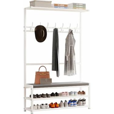 Imagem de Cabide De Aço Carbono Com Banco De Sapatos, Cabide De Entrada Moderno Com Ganchos E Sapateira De 2 Andares, Cabideiro De Pé Livre Para Salas De Estar No Corredor, White, 90x25.5x160cm