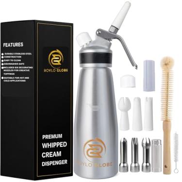 Imagem de Dispensador profissional de chantilly - Máquina de chantilly de 500 ml com aderência de silicone - Dispensador de chantilly caseiro resistente - Recipiente de chantilly com 6 pontas de decoração e 2