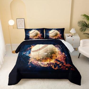 Imagem de QOOMO Jogo de cama infantil de beisebol com chama e estampa de fogo, 3 peças, para meninas, meninos, supermacio, com 2 fronhas, microfibra leve para todas as estações