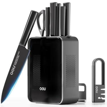 Imagem de OOU Conjunto de facas com bloco e afiador, conjunto de 9 peças de bloco de facas de aço alemão de alto carbono, adequado para lava-louças com bloco ventilado atualizado e organizador de tábua de corte