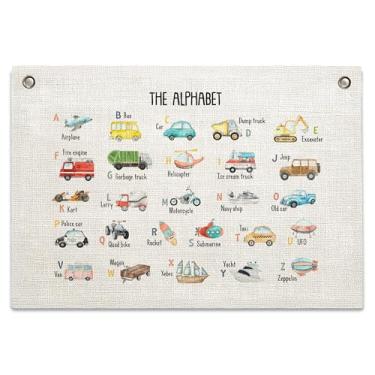 Imagem de Faixa do alfabeto ABC com avião, barco e carro, bandeira de arte de parede com bandeira, decoração de quarto infantil, decoração de parede de quarto infantil, faixa de lona pendurada para presente de