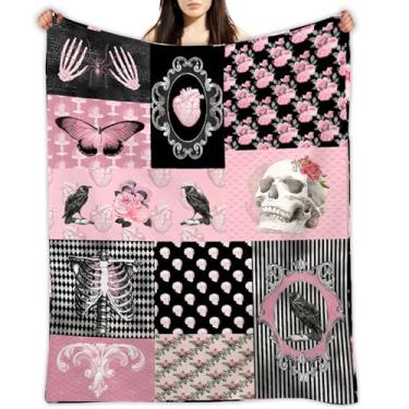 Imagem de Colagem gótica rosa caveira borboleta esqueleto cobertor retrocobertor presente para menina menino, manta gótica 101 x 127 cm, leve macio e aconchegante cobertores para sofá-cama sofá cadeira