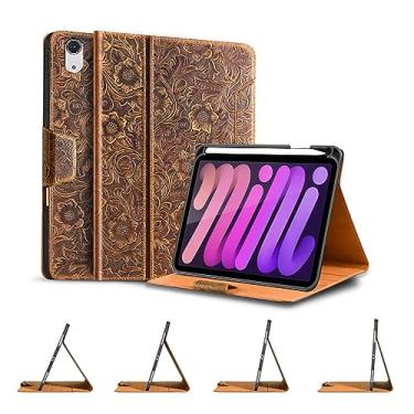 Imagem de Gexmil Capa de couro genuíno para iPad mini 7 (A17 Pro) 2024 / iPad mini 6 Geração 2021 8,3 polegadas, fecho magnético, suporte para lápis, capa de couro bovino à prova de choque, carregamento sem fio