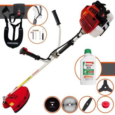 Imagem de Roçadeira Aparador de Grama À Gasolina Kawashima KW43-L 43cc 1,7HP 10.000rpm Completo Com Kit 4 Lâminas + Carretel + Escova de Aço + ÓLEO STIHL 2T