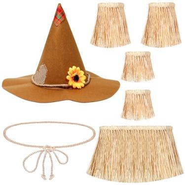 Imagem de VASTRISE Conjunto de 7 peças de fantasia de espantalho, fantasia de espantalho com chapéu de feiticeiro, fantasia de Halloween para homens, mulheres e crianças