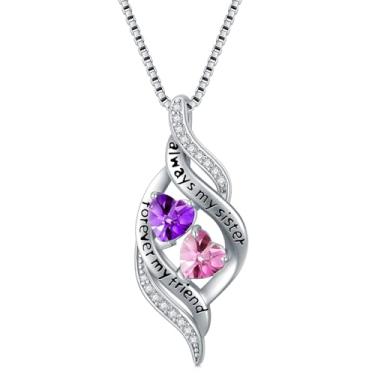 Imagem de Zoeniya Colar Always My Sister Forever My Friend com pingente de pedra do mês de nascimento duplo, joias infinitas, presentes de aniversário de Natal para mulheres, irmã amiga, Base, Zircônia cúbica