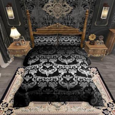 Imagem de Erosebridal Conjunto de edredom gótico King, preto, cinza, mariposa, gótica, vintage, damasco, boêmio, para crianças e adultos, edredom com estampa floral boêmia vitoriana, 3 peças