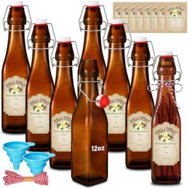 Imagem de Tioncy 8 garrafas de vidro giratórias de 355 ml, garrafas de vidro flip top com funil de tampa perfeita para extrato de baunilha fermentação de cerveja caseira kombucha vinagre kefir (marrom, 340 g)