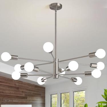 Imagem de RUIYEY Lustres Sputnik modernos, 12 luzes de níquel escovado para sala de jantar, lustre sobre mesa, montagem semi embutida industrial ajustável em altura para cozinha, ilha e sala de estar